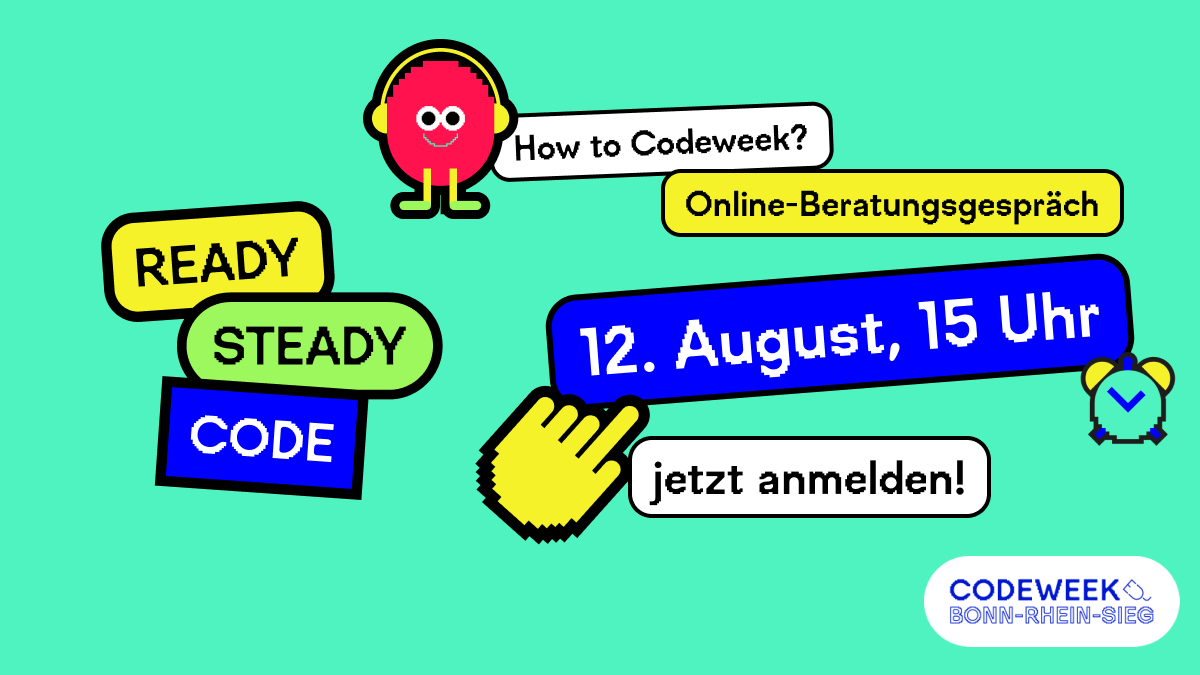 codeweekbonn's tweet image. Du hast Lust bei der #Codeweek Bonn Rhein-Sieg einen Kurs anzubieten, hast aber noch ein paar Fragen?
Kein Problem! Am Freitag, den 12. August bieten wir um 15 Uhr einen Online-Beratungstermin an. Einfach einwählen: dtag.webex.com/dtag/j.php?MTI…