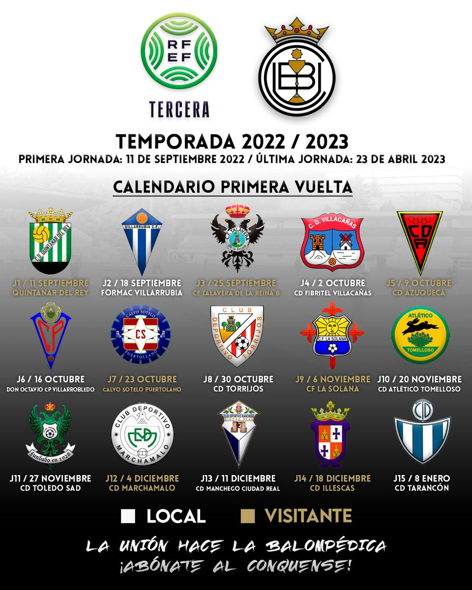 UBConquense's tweet photo. 📢 #InfoUBC
💾 ¡Guarda estas imágenes!
📅 ¡Calendario completo de la temporada 2022/23! Nos espera un año increíble en busca del objetivo ⚽📈´
⚪⚫ ¡Abónate al #Conquense! #UniónBalompédica https://t.co/13hTxuc1bQ