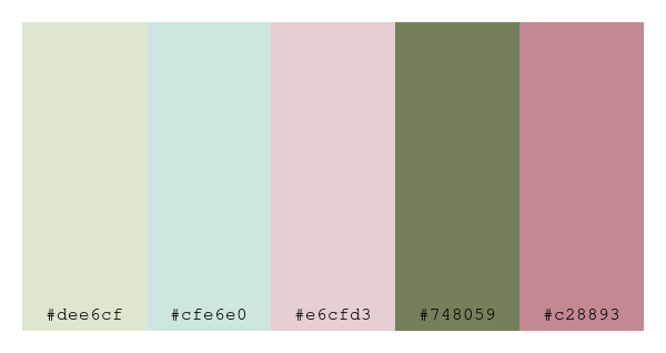 ColPaletteBot's tweet photo. Beep beep, here's a pretty color palette for you! 

color-scheme.js parameters used: 
- hue: 353
- variation: soft
- colors: #dee6cf, #cfe6e0, #e6cfd3, #748059, #c28893

Have a lovely day!

#twitterbot #colorpalette #colors #palette #prettycolors https://t.co/mlxiGDyKIj