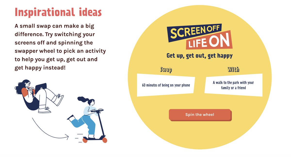 What could you swap? Take a turn on @JoinUsMovePlay’s #screenofflifeon activity swapper and get up, get out, and get happy! Visit joinusmoveplay.org/screenofflifeo… to make it spin!