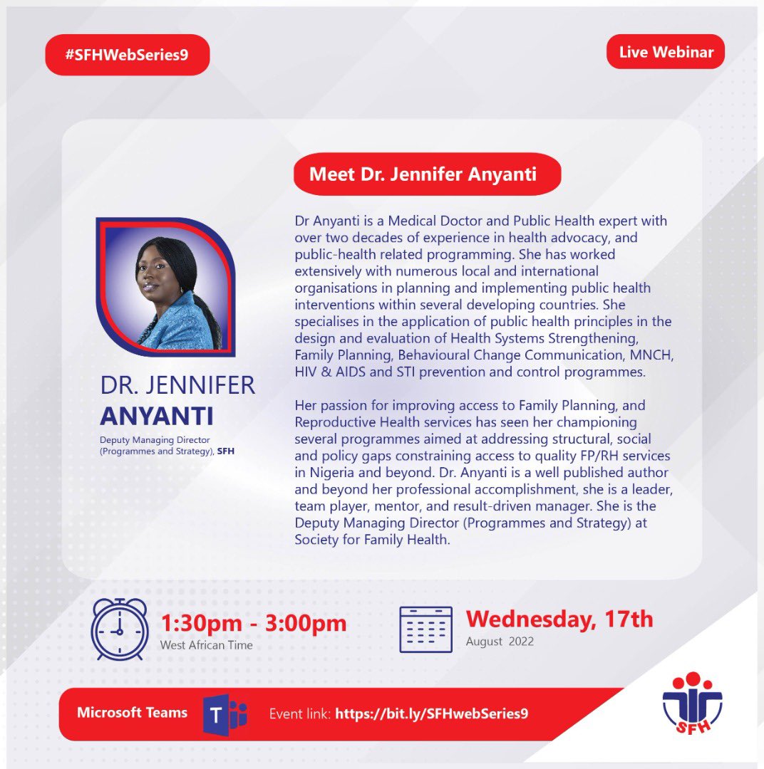 Meet the Speakers #SFHWebSeries9 💃🏽

Speaker 2️⃣: Dr. Jennifer Anyanti

Dr. Anyanti will be speaking on  the “Role of community interventions in strengthening health systems in humanitarian setting”

Join us on Wed, 17th August 2022.

Event link: bit.ly/SFHwebSeries9