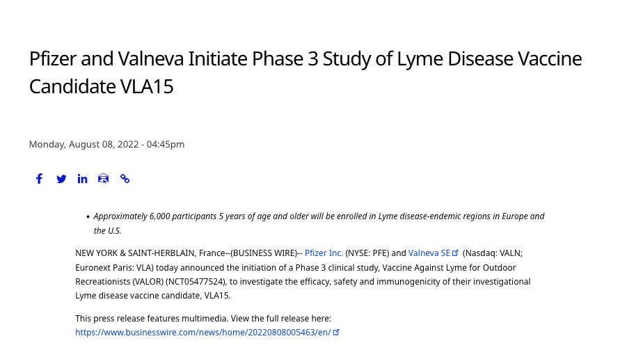 BogochIsaac's tweet photo. Lyme disease is a growing problem in Canada and globally. It may soon be a vaccine preventable illness.
A Phase 3 study of vaccine candidate VLA15 is now underway in North American and European Lyme hot spots.
Link: https://t.co/0uLju0TxTE https://t.co/shaYL0qHCK