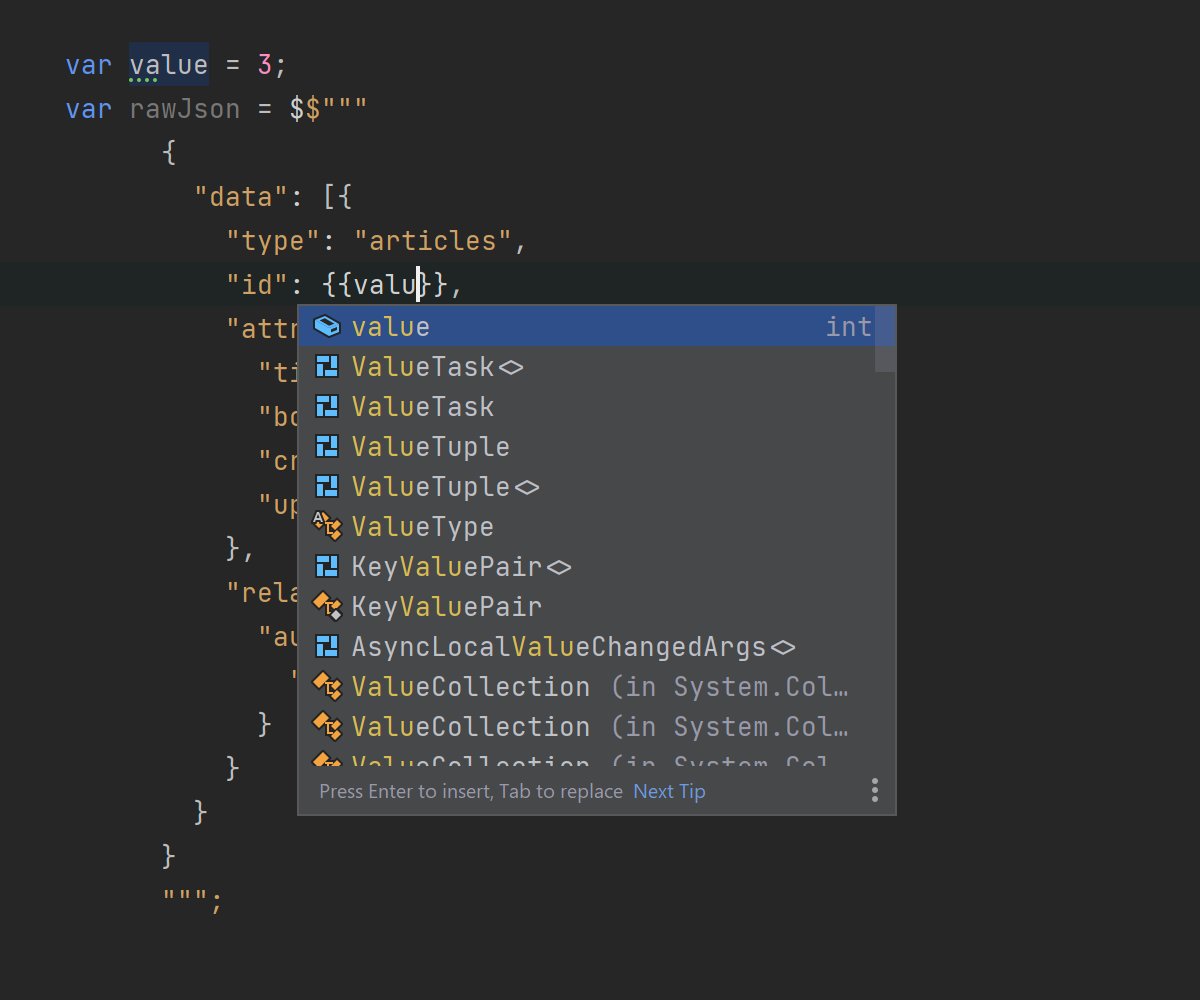 JetBrainsRider's tweet image. Rider 2022.2 has basic “raw” string support including compiler errors and correct parsing and color highlighting for “”” syntax, pairs of double quotes, and placeholders inside interpolated strings ({{...}} syntax).

More details: jetbrains.com/rider/whatsnew… #dotnet #csharp11