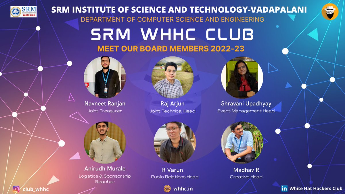 srmvdp_campus's tweet photo. Introducing the Board Members and Working Committee members AY-2022-23 of White Hat Hackers Club (WHHC) , DCSE , SRMIST Vadaplani Campus .
#srmvdp #whhc #DCSE #CSE #CSEVDP https://t.co/70cfkGqryU