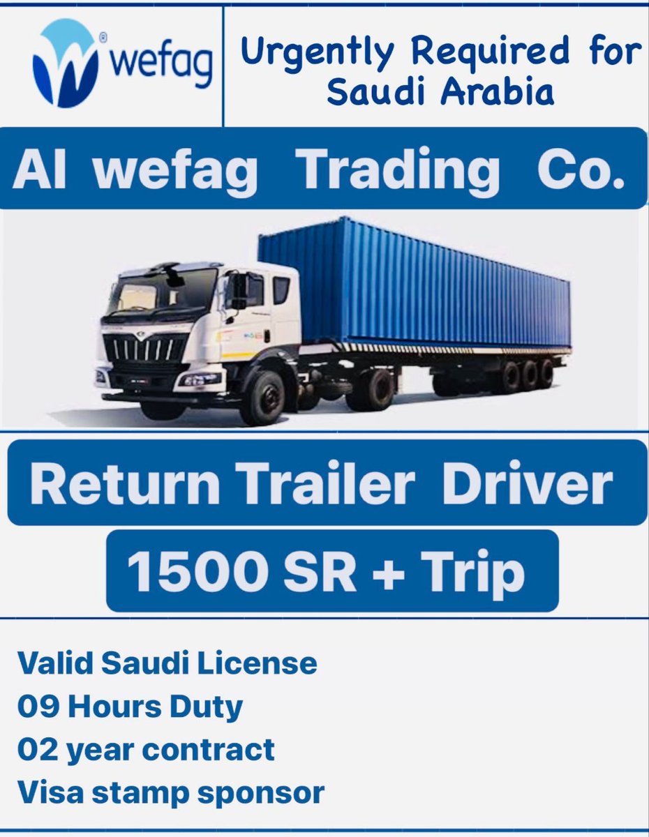 quickglobalsol3's tweet photo. Return Trailer Driver in Saudi Arabia

https://t.co/GwhgiopBXk

Call : +91 - 9711 914 441
#OverseasRecruitmentAgency #ITRecruitmentconsultant 
#ManpowerRecruitmentServices #RecruitmentServices #RecruitmentConsultants #INTERNATIONALRECRUITMENTAGENCIES #QatarRecruitmentAgency https://t.co/5HYiQ7le3q