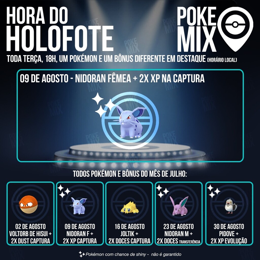 pelozinn's tweet photo. E o Pokémon em destaque hoje é Nidoran Fêmea e o bônus é 2x XP na captura de qualquer Pokémon, entre 18h e 19h.
#horadoholofote #PokemonSpotlightHour #SpotlightHour #pokemongo #pokemongobrasil #pokemongobrazil #pokemongolatam #pokemonfriendscode… https://t.co/DTky3IGmwL https://t.co/CWVQCMPJRy