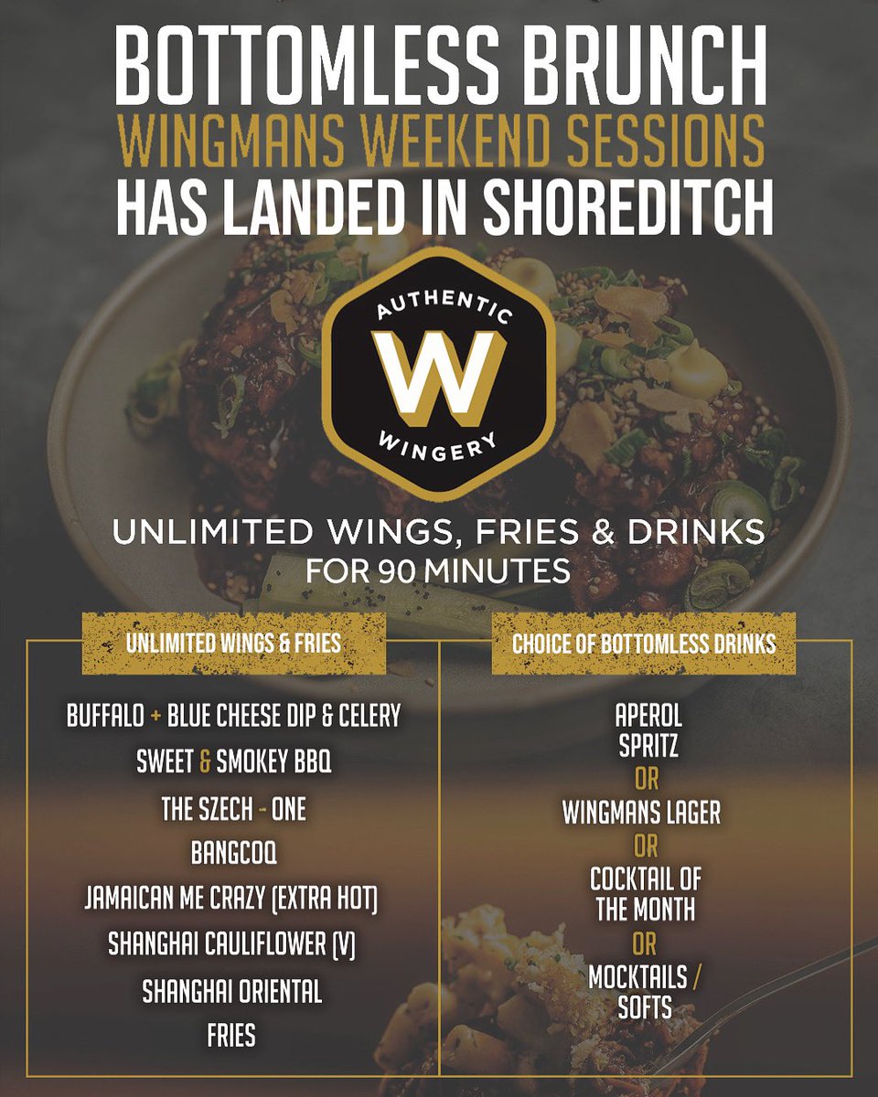 Bottomless Brunch has landed in Shoreditch! UNLIMITED WINGS, Fries &amp; Drinks for 90 Minutes!🍗🔥

Round up your brunch squad and book your session for this weekend: bit.ly/3bIbKGq 🍻

#wingmans #wingmanschicken #brunch #bottomlessbrunch