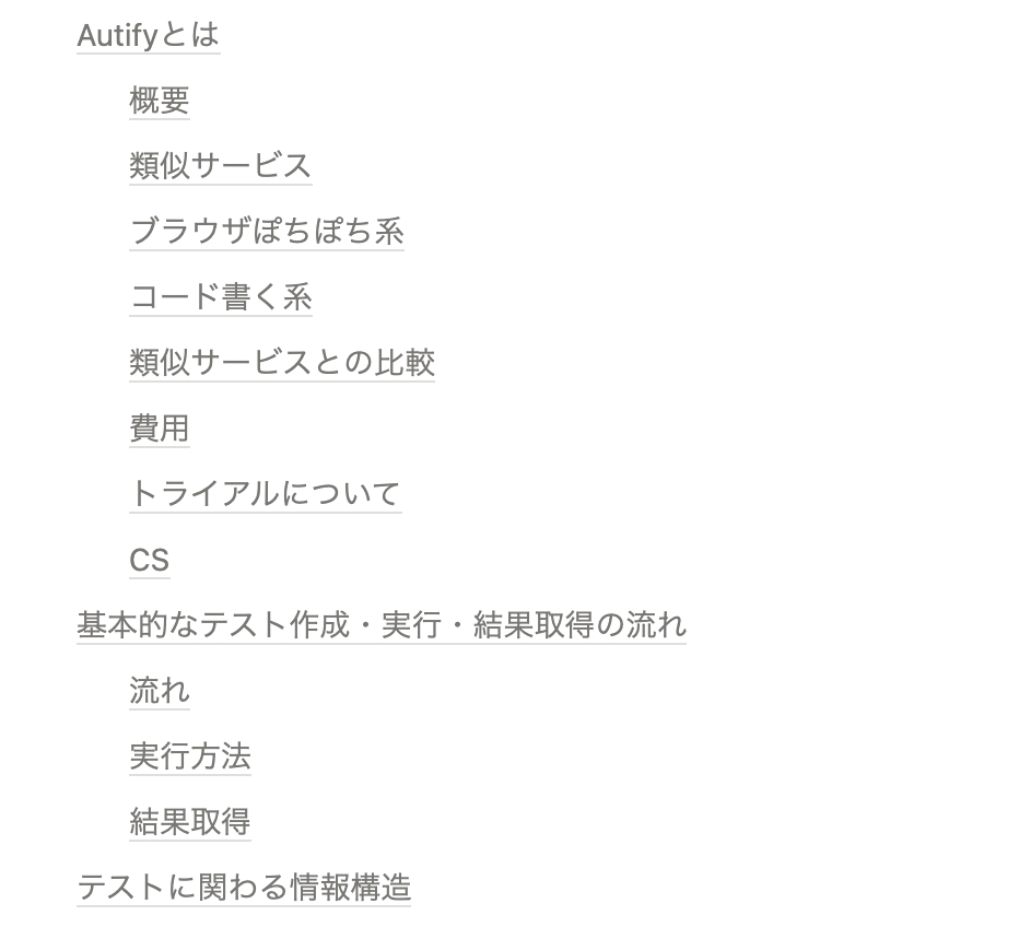 kajisan_cs's tweet photo. Autify導入検討にあたっては「E2Eテスト自動化ツール『Autify』虎の巻」という社内ドキュメントを作りながらめちゃめちゃ検証しました。目次だけ公開します。
#TEST_Study https://t.co/n5PXWPOFXI