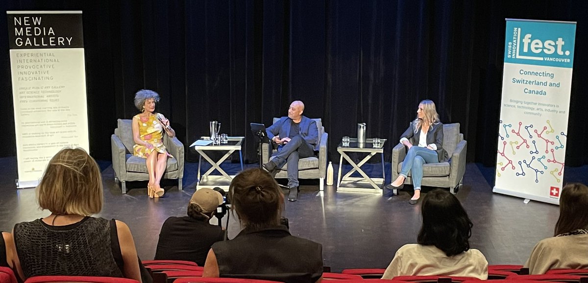 Murray_Nichol's tweet photo. Stimulating dialogue at @anvilctr yesterday w/ Dr. Laura Marks (@SFU), Dr. Monika Stachura (@TRIUMFLab) &amp; @kharecom (@humanbiography). 

#STEAM principles clearly at work: many points of intersection b/w art &amp; science.

Catch INDIVISIBLE at @NewMediaGallery before Aug. 14. https://t.co/ssVr4RTh16