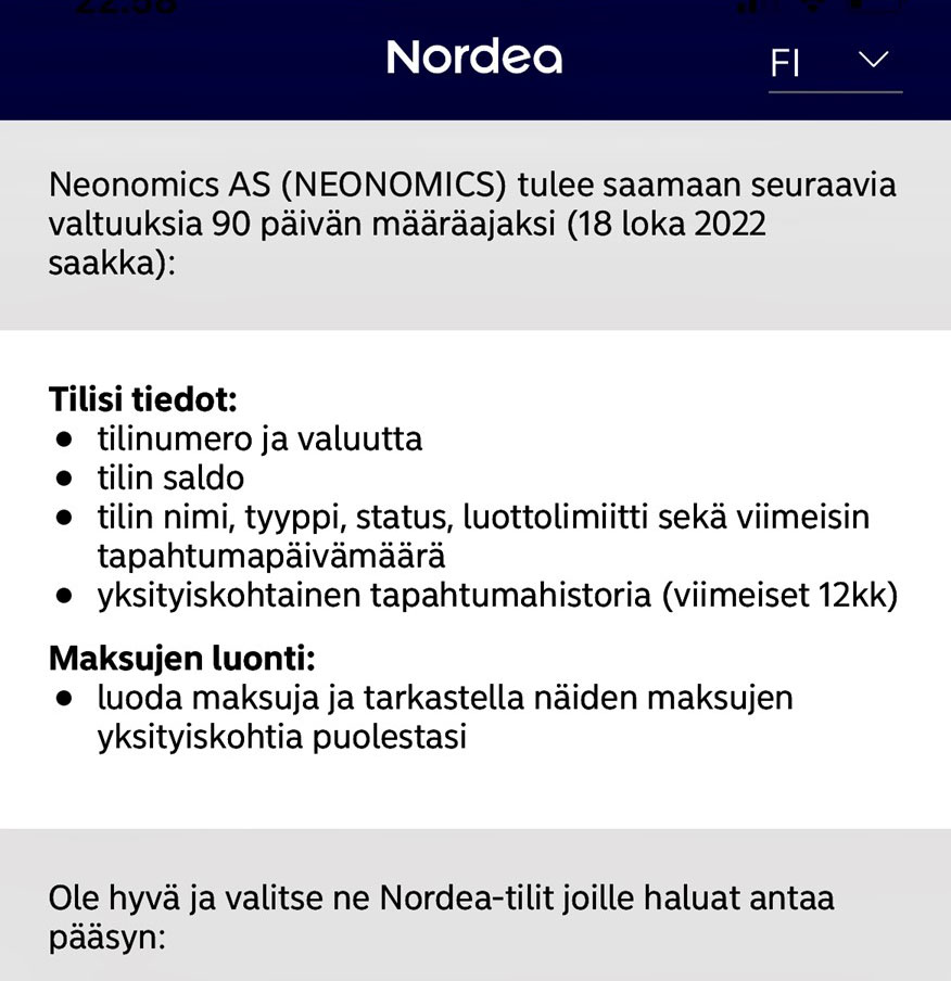 #OmaPosti alkanut käyttää norjalaista Neomics-maksupalvelua, joka vaatii 90 pv:n pääsyn kaikkiin tilitietoihin, myös vuoden tilihistoriaan. Ei kuulosta #GDPR mukaiselta tietojen minimoinnilta? Miksi tällainen, <a href="/Postigroup/">Posti</a>? Olen saanut huolestuneilta kysymyksiä, varmaan tekin.