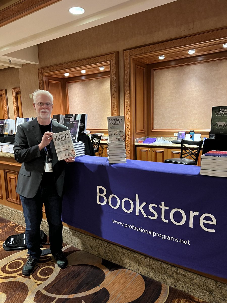PerryCarpenter's tweet photo. Hey all! For anyone attending @BlackHatEvents in Vegas this week. I just signed a bunch of copies of The Security Culture Playbook over at the bookstore. @PPIRecording https://t.co/sun46IyqEH