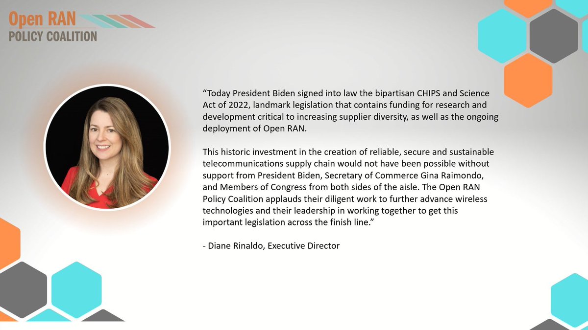 openRANpolicy's tweet photo. The CHIPS and Science Act, signed into law today, includes funding for #OpenRAN R&amp;D and the creation of reliable, secure, sustainable supply chain. Thanks to @POTUS, @SecRaimondo and many in Congress who lent their support and leadership to make this happen. https://t.co/73j0GV5JxS