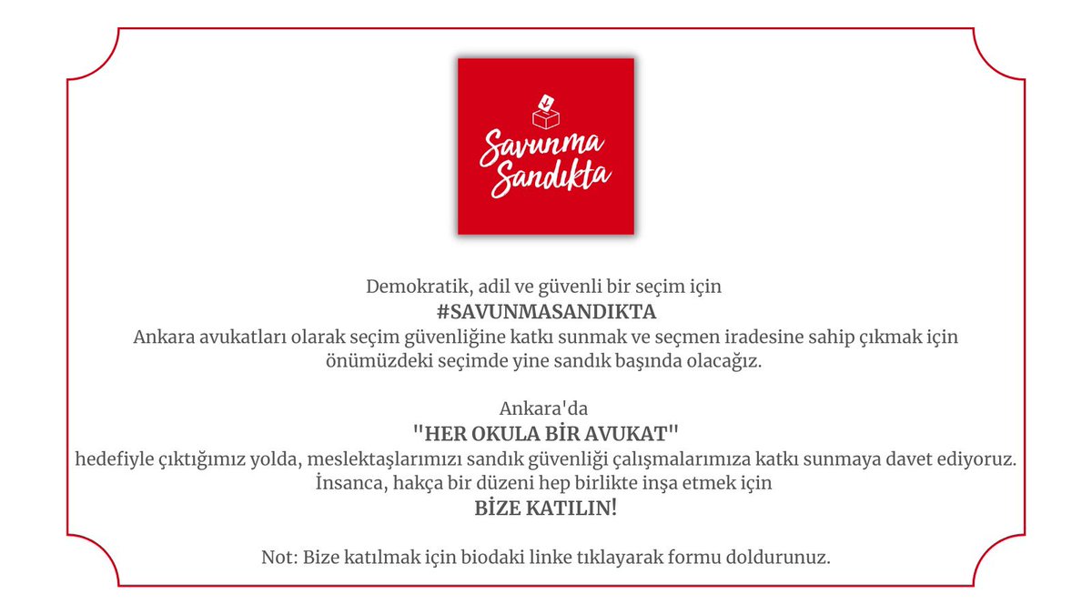 Ankara’da seçim güvenliğine katkı sunmak isteyen tüm avukatları bize katılmaya davet ediyoruz!
#savunmasandıkta #bizekatılın