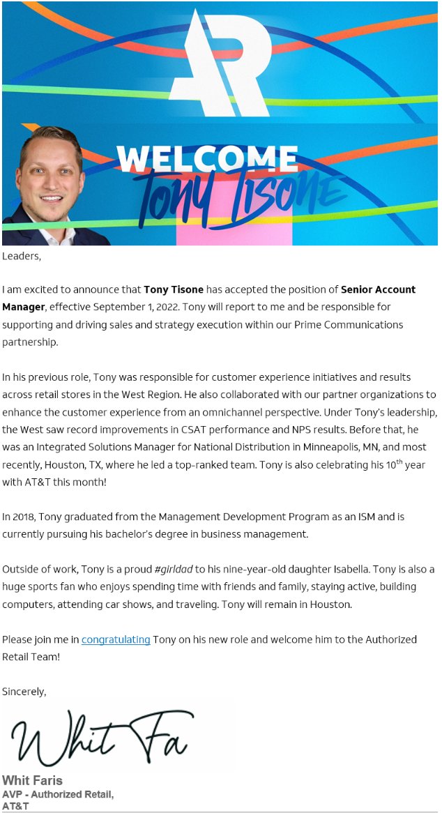 Excited to announce that I will be joining the <a href="/AR_Retail_Chnnl/">Authorized Retail Channel</a> supporting both <a href="/ATT/">AT&T</a> and <a href="/PrimeComms/">Prime</a> on 9/1. This channel has been on my radar for sometime now and I'm looking forward to the collaboration and partnership. Lets GoOoOooo...!!! <a href="/WhitFaris/">Whitfield Faris</a> <a href="/joshuajkraus/">Josh Kraus</a> <a href="/RobForsyth3/">Rob Forsyth</a>