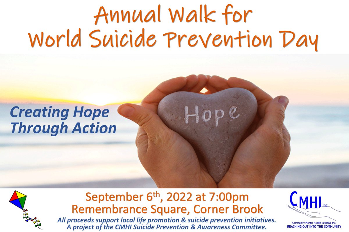CMHIinc's tweet photo. 14th Annual Walk for World Suicide Prevention Day  
September 6th 7:00 PM - Rain or Shine
Remembrance Square (in front of City Hall)

Donations are kindly accepted. Sponsor sheets available.  For more information, please contact by email: cmhi.adm@gmail.com or phone 709-634-4322 https://t.co/DeZa4uj91I