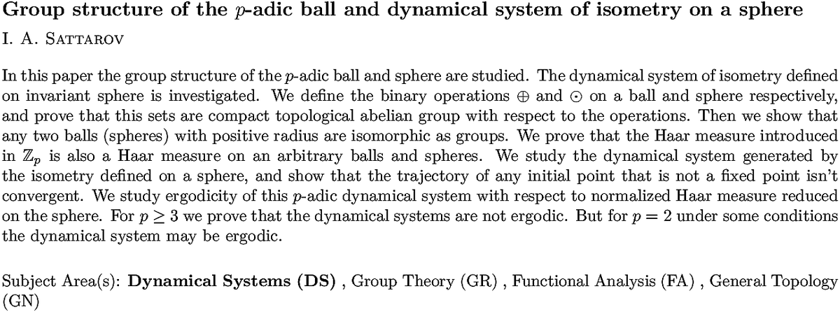 arxiv.org/abs/2208.03513…
I A Sattarov
Group structure of the $p$-adic ball and dynamical system of isometry on
  a sphere