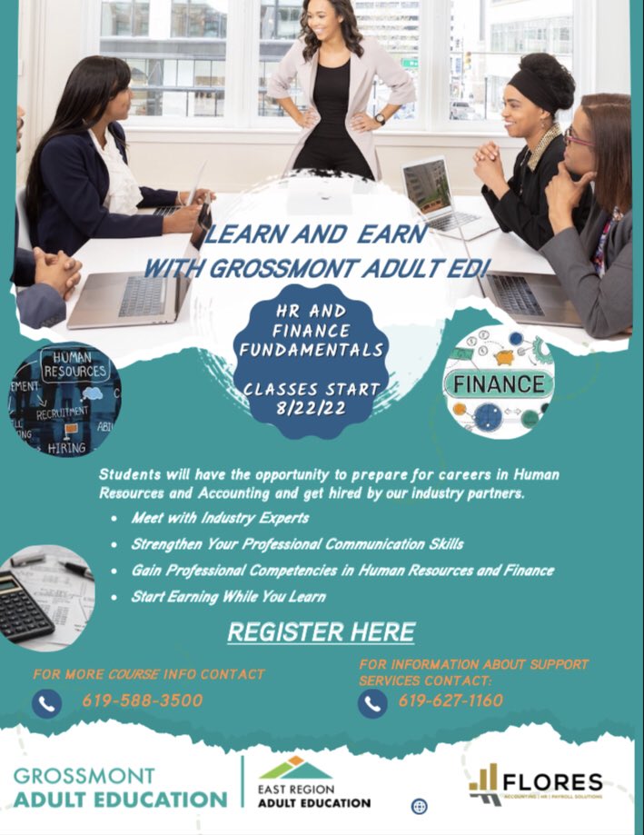 We have MORE Learn and Earn courses available! Get started in a career in HR or Finance with one of our industry partners and learn along the way! Link below to register, sign up today!
#adulted #adulteducation #adultedworks #educationmatters #erae2022 
grossmontadult.asapconnected.com/#CourseID=2733…