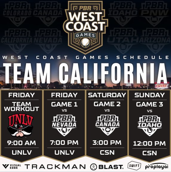 PREP BASEBALL CALIFORNIA (@prepbaseballca) on Twitter photo 2022 West Coast Games: Schedule Release
#TeamCalifornia will take on @PBR_Nevada, @PBR_Ontario, and @PBR_Idaho this weekend in Las Vegas.
#ShapeTheState
@HudsonStory2023 <a href="/Owenjfaith2023/">Owen</a> <a href="/danielfloresss8/">Daniel Flores</a> <a href="/VinnyVanderWel/">Vincent Van der Wel</a> <a href="/tytygarciaa/">Ty Garcia</a> <a href="/MRamirez_Bsbl/">Matthew Ramirez</a> <a href="/ShaneBailey2023/">Shane Bailey</a> 2022 West Coast Games: Schedule Release
#TeamCalifornia will take on @PBR_Nevada, @PBR_Ontario, and @PBR_Idaho this weekend in Las Vegas.
#ShapeTheState
@HudsonStory2023 <a href="/Owenjfaith2023/">Owen</a> <a href="/danielfloresss8/">Daniel Flores</a> <a href="/VinnyVanderWel/">Vincent Van der Wel</a> <a href="/tytygarciaa/">Ty Garcia</a> <a href="/MRamirez_Bsbl/">Matthew Ramirez</a> <a href="/ShaneBailey2023/">Shane Bailey</a>