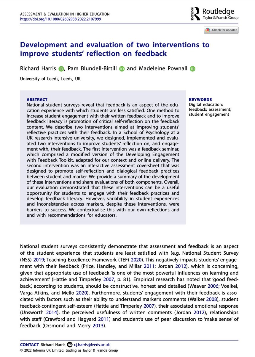 Research in the Psychology of Student Education (@ritpose) on Twitter photo Just published! "Development and evaluation of two interventions to improve students’ reflection on feedback" in Assessment and Evaluation in Higher Education tandfonline.com/doi/full/10.10… - <a href="/HarrisR_Psy/">Dr. Richard Harris</a> <a href="/diervilla/">Dr Pam Birtill</a> <a href="/maddi_pow/">Dr Madeleine Pownall</a> Just published! "Development and evaluation of two interventions to improve students’ reflection on feedback" in Assessment and Evaluation in Higher Education tandfonline.com/doi/full/10.10… - <a href="/HarrisR_Psy/">Dr. Richard Harris</a> <a href="/diervilla/">Dr Pam Birtill</a> <a href="/maddi_pow/">Dr Madeleine Pownall</a>