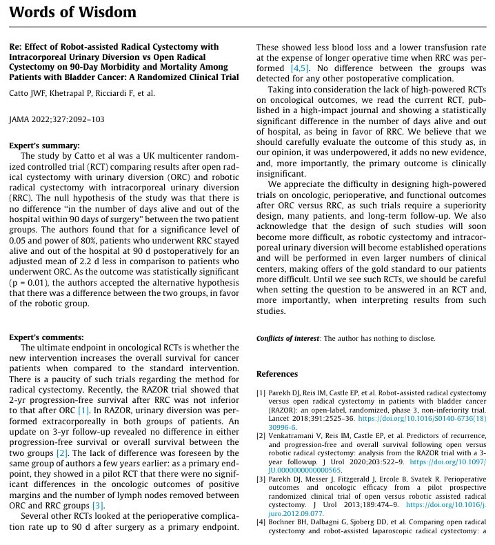European Urology (@euplatinum) on Twitter photo New Words of Wisdom from <a href="/SkolarikosAndre/">Andreas Skolarikos</a>
Re: Effect of Robot-assisted Radical Cystectomy with Intracorporeal Urinary Diversion vs Open Radical Cystectomy on 90-Day Morbidity and Mortality Among Patients with Bladder Cancer: A Randomized Clinical Trial
buff.ly/3pkLIfH New Words of Wisdom from <a href="/SkolarikosAndre/">Andreas Skolarikos</a>
Re: Effect of Robot-assisted Radical Cystectomy with Intracorporeal Urinary Diversion vs Open Radical Cystectomy on 90-Day Morbidity and Mortality Among Patients with Bladder Cancer: A Randomized Clinical Trial
buff.ly/3pkLIfH