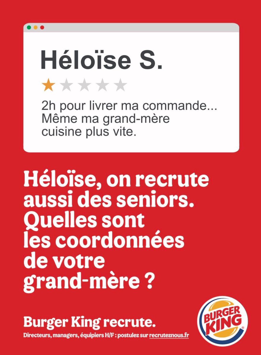 .<a href="/BurgerKingFR/">Burger King France</a> a encore frappé avec une excellente campagne de #communication pour favoriser le #recrutement des équipes.

Se servir des avis négatifs pour en faire une campagne positive, c’est brillant !

C’est signé <a href="/BUZZMAN_TIME/">BUZZMAN_TIME</a> <a href="/gmohammedcherif/">georgesmohammed-cher</a> évidemment.

#marqueemployeur