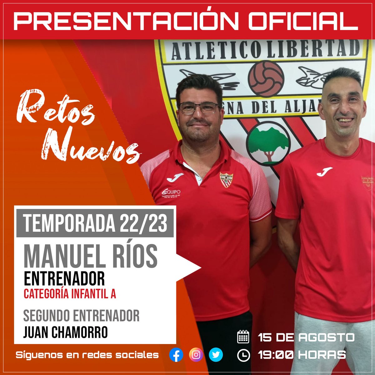 El próximo lunes, 15 de agosto, comienzan los entrenamientos de las categorías Infantil A y Cadete de la mano de Manuel Ríos con Juan Chamorro como segundo entrenador y Andrés Márquez respectivamente. 
Todavía estás a tiempo de incluir a tu hijo en nuestros equipos.