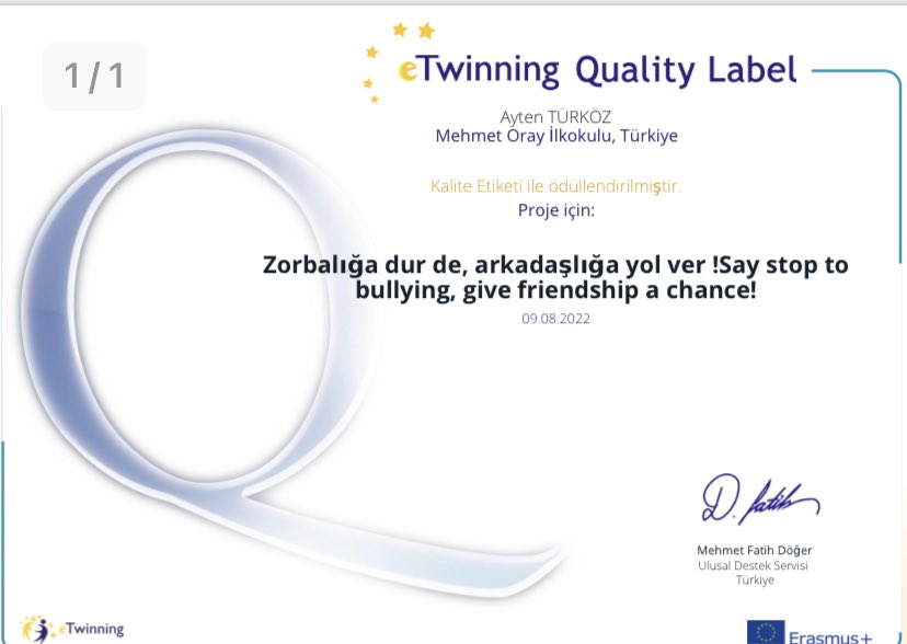 Okulumuz Sınıf Öğretmeni Ayten TÜRKÖZ’ün yürütmüş olduğu “Zorbalığa Dur De, Arkadaşlığa Yol Ver” konulu e-twinning projemiz ulusal kalite ödülü almaya hak kazanmıştır.
<a href="/AbdulkadrSahn/">Abdulkadir Şahin</a> 
<a href="/kalemem20/">Kale İlçe Milli Eğitim Müdürlüğü</a> 
<a href="/totak2066/">Nurettin TIKIM</a>