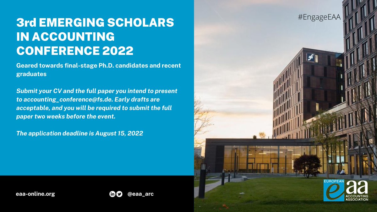 EAA (@eaa_arc) on Twitter photo LAST CALL!
3rd Emerging Scholars in Accounting Conference 2022
The deadline closes today. If you are on the final-stage of your PhD or you recently graduated, you can submit your CV and full paper.
More info: lnkd.in/dmSxdUkY
#EngageEAA LAST CALL!
3rd Emerging Scholars in Accounting Conference 2022
The deadline closes today. If you are on the final-stage of your PhD or you recently graduated, you can submit your CV and full paper.
More info: lnkd.in/dmSxdUkY
#EngageEAA