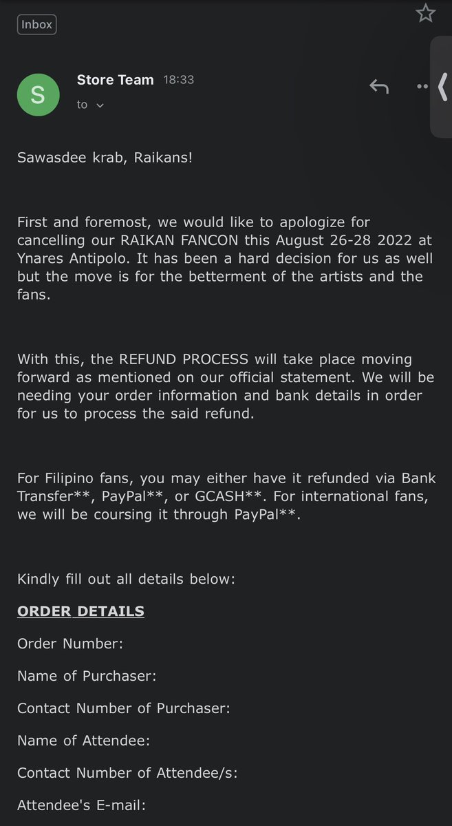 ImNolanGrant's tweet photo. Because I am about transparency… #RaikanFancon #RaikanFanConGameOver #RaikanFanconGameOn email for refund request has come through…

60-90 from 1 September 2022… which means November at the earliest https://t.co/arApMYHNeM