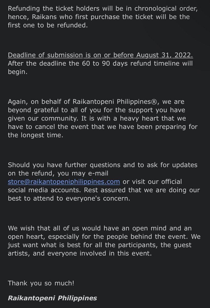 ImNolanGrant's tweet photo. Because I am about transparency… #RaikanFancon #RaikanFanConGameOver #RaikanFanconGameOn email for refund request has come through…

60-90 from 1 September 2022… which means November at the earliest https://t.co/arApMYHNeM