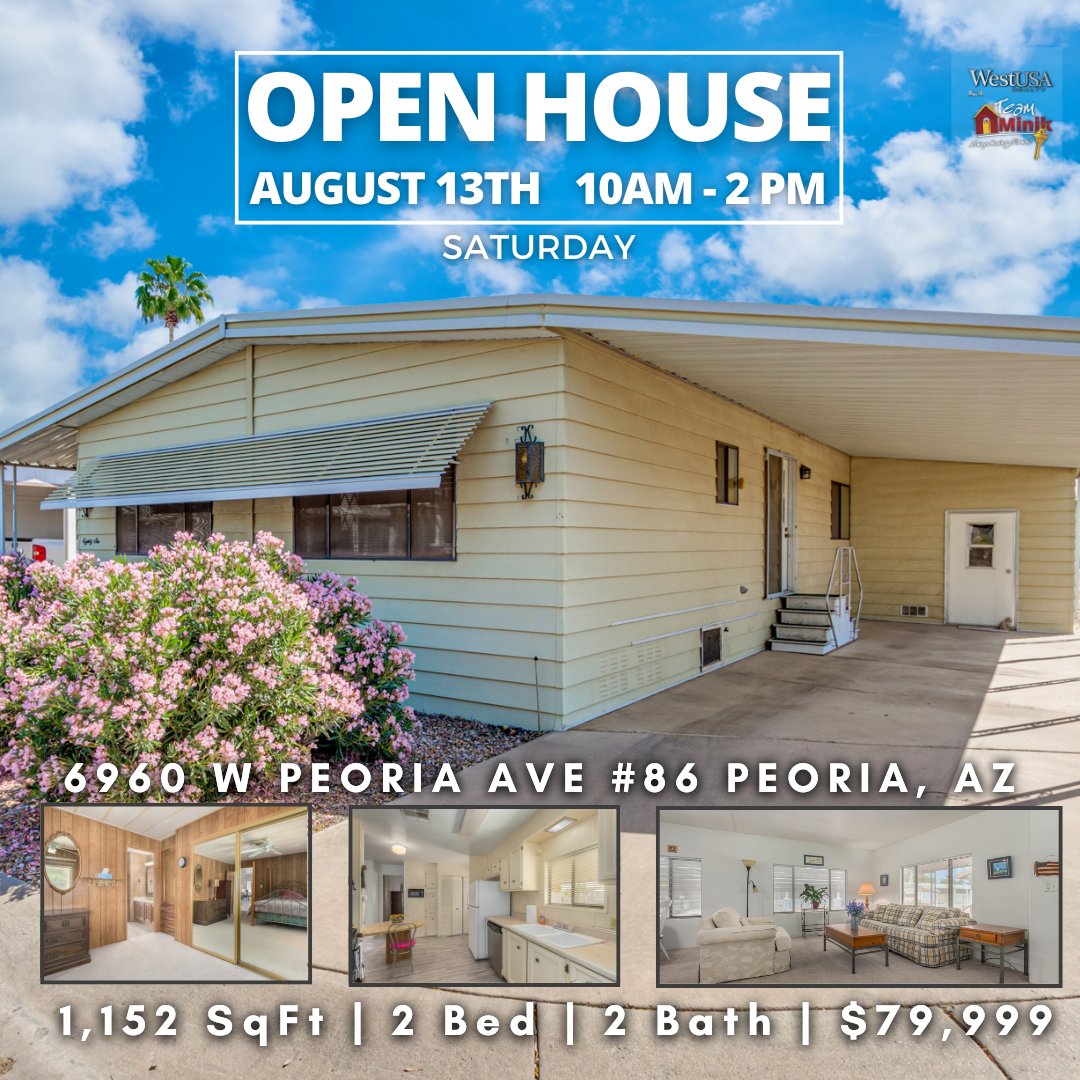 MichelleMinik's tweet photo. 6960 W Peoria Ave #86 Peoria, AZ 85345
Open House this Saturday 
August 13,  from 10 AM - 2 Pm 

$89,999 | 1,152 SqFt | 2 Bed | 2 Bath
https://t.co/9TdkbBgilD...

#peoriaz #houseforsaleinpeoria #55pluscommunity #casadelsol #teamminik #carriewilliams #mobilehome #manufacuredhome https://t.co/KrWQVRtpTj