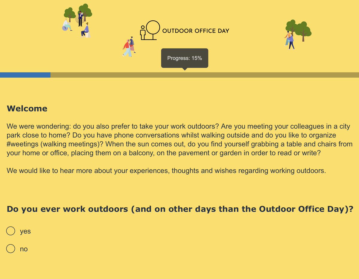 Do you ever take your work outdoors?
Please answer a few questions - available both in NL &amp; EN - in this very short questionnaire. Thank you.
lnkd.in/eMucjNZ9 

#OutdoorOfficeDay