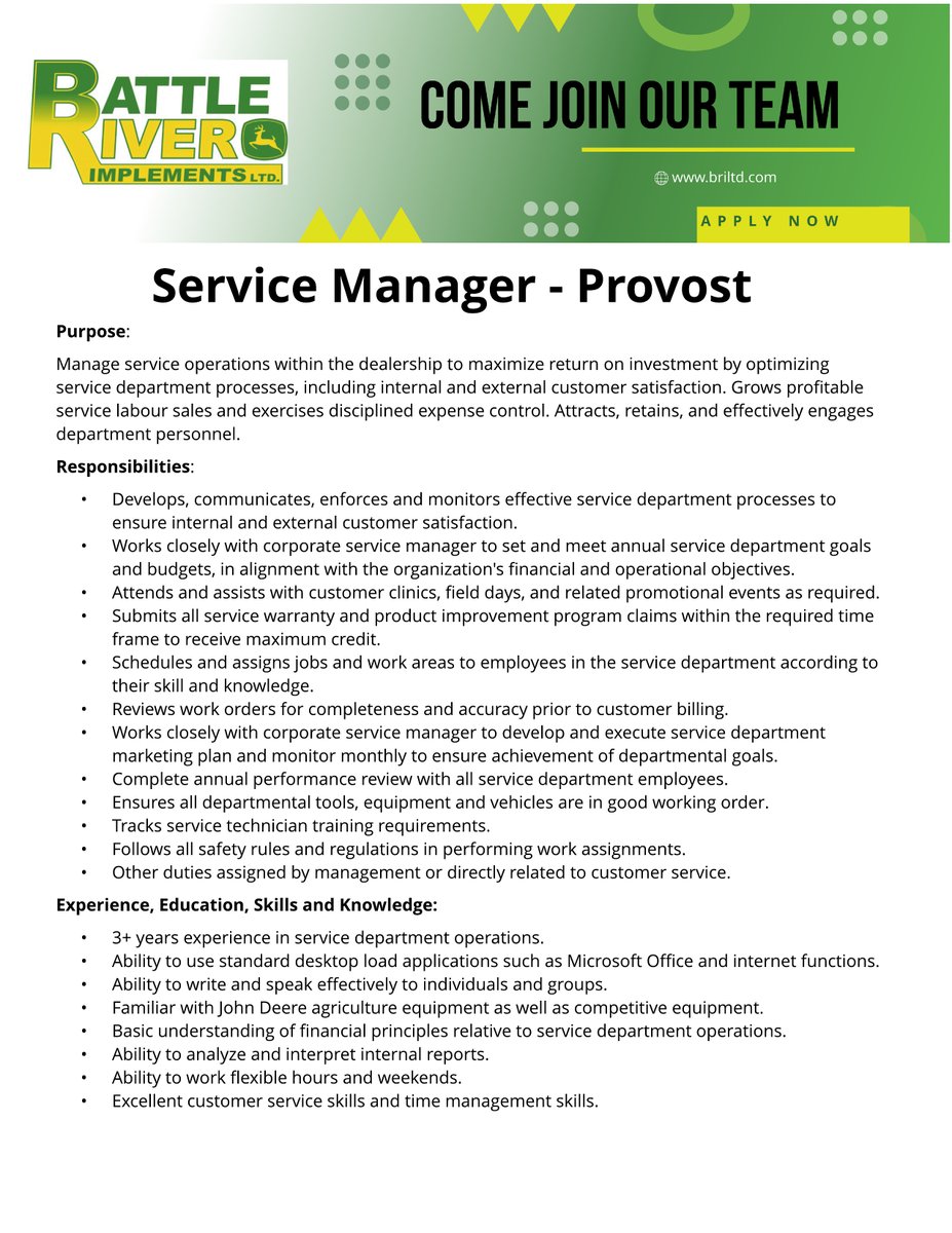 We are #hiring @BRILTD #Provost #Alberta  
Send resumes to alohner@briltd.com #JohnDeere #service #servicemanager #agtech #AgJobs  briltd.com