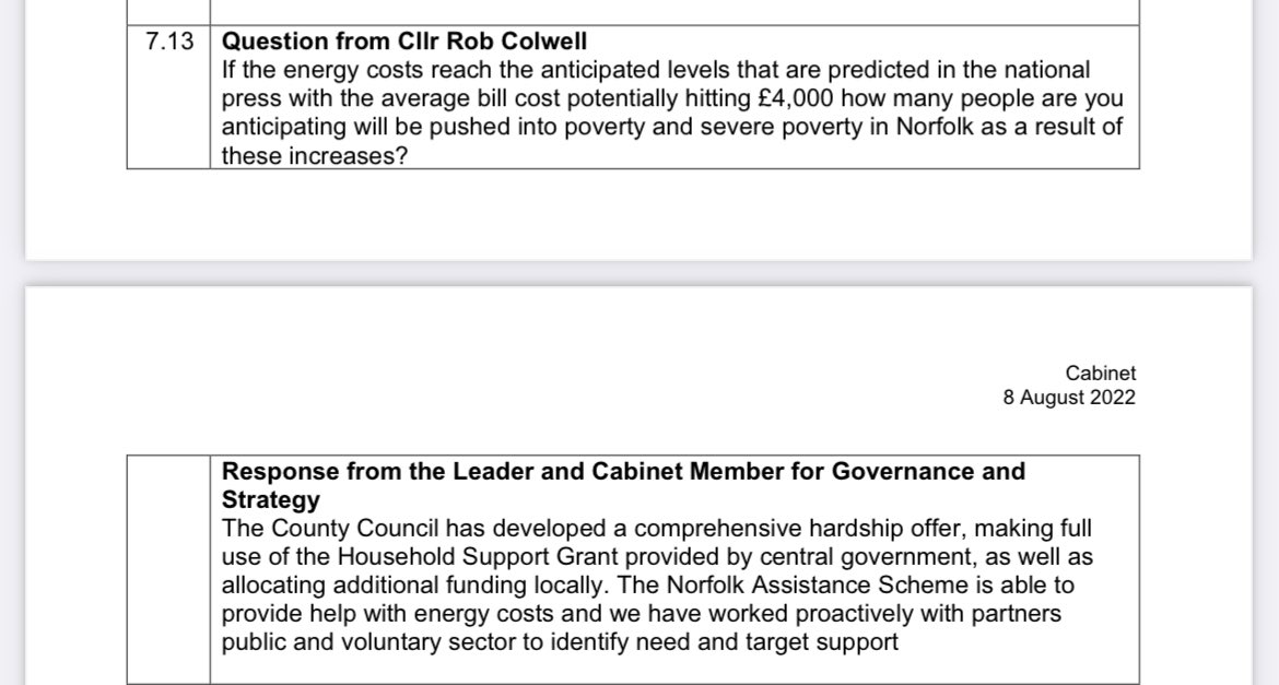 🆕Announced today that energy bills for a typical household could hit £4,266 next year⚡️Yesterday I asked @NorfolkCC Tory leader for information on numbers being pushed into poverty. I got no answer. They should be planning for the emergency #HEATINGorEATING #SHIVERorSTARVE 1/2