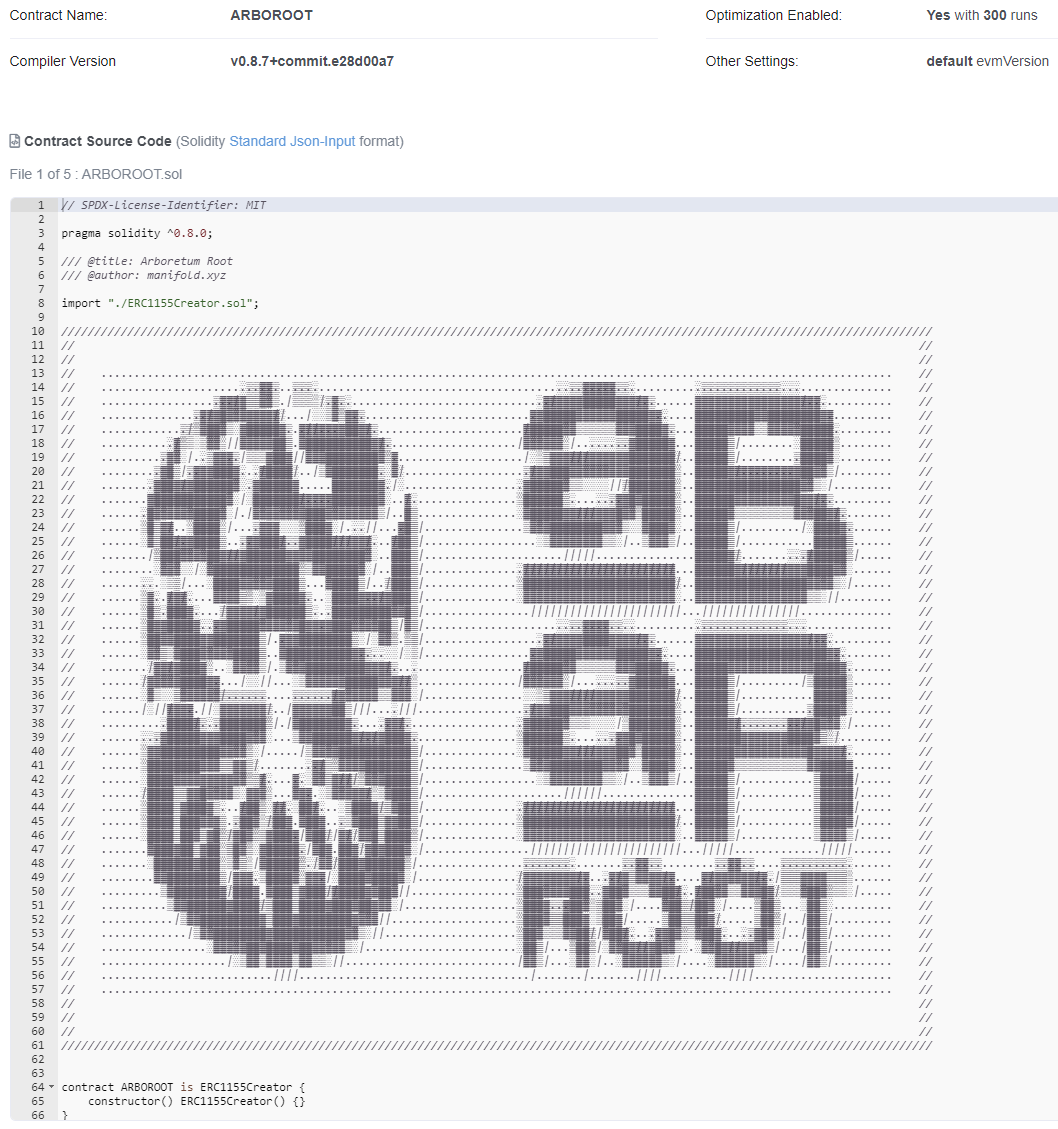 gm
the final ascii art for the <a href="/manifoldxyz/">manifold.xyz</a> contract🌳
etherscan.io/address/0xe3de…

extremely grateful for my close friend (who wishes to stay anon) for creating the incredible ROOT piece for us, and honored to have minted this work onto the blockchain as his first NFT !

(1/2)