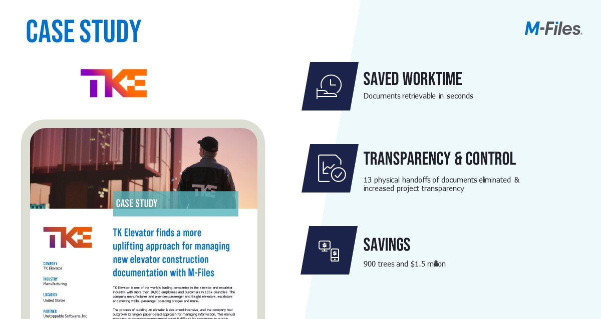 M_Files's tweet photo. TK Elevator has saved worktime, gained transparency and control, and saved the equivalent of 900 trees and $1.5 million. 

Read the case study: https://t.co/TE81OVIaE8

 #lovecustomers #mfilessuccessstory #mfilescustomeradvocacy #mfilescasestudy https://t.co/oPrD66jwYz