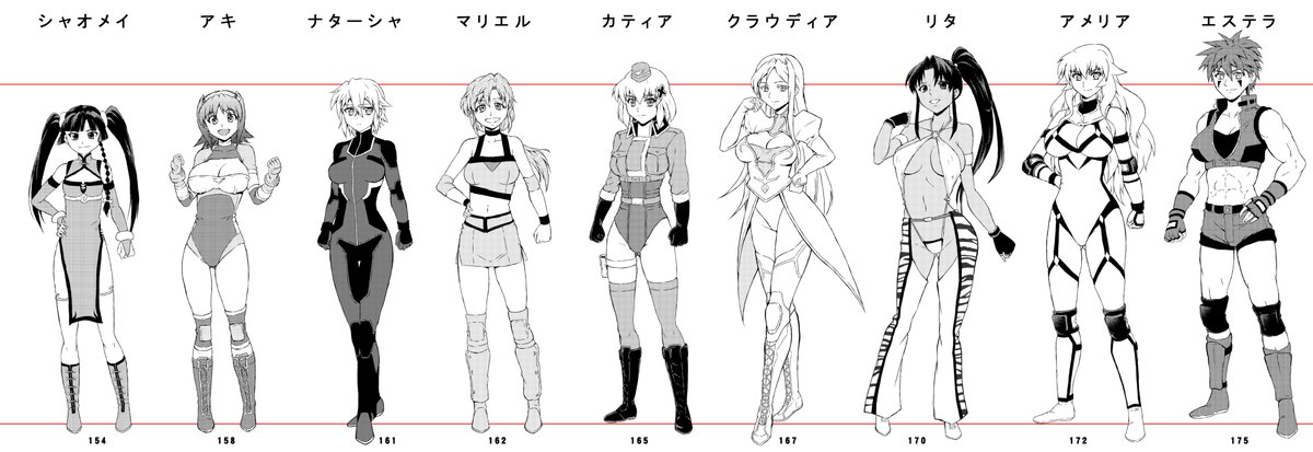 @makoto_debu パワーじゃアメリアにはかなわないですねw
描くときそんなに厳密ではないですが各キャラの身長はこんな感じです。 