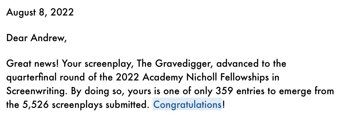 Andy__Alexander's tweet photo. Proud to announce that The Gravedigger, my crazy fantasy about a downtrodden gravedigger plagued by dark visions and a hoard of fearless killers, is an Academy Nicholl quarterfinalist! 😃 #screenwriting  #Nicholl https://t.co/a4jgtgN3Kq
