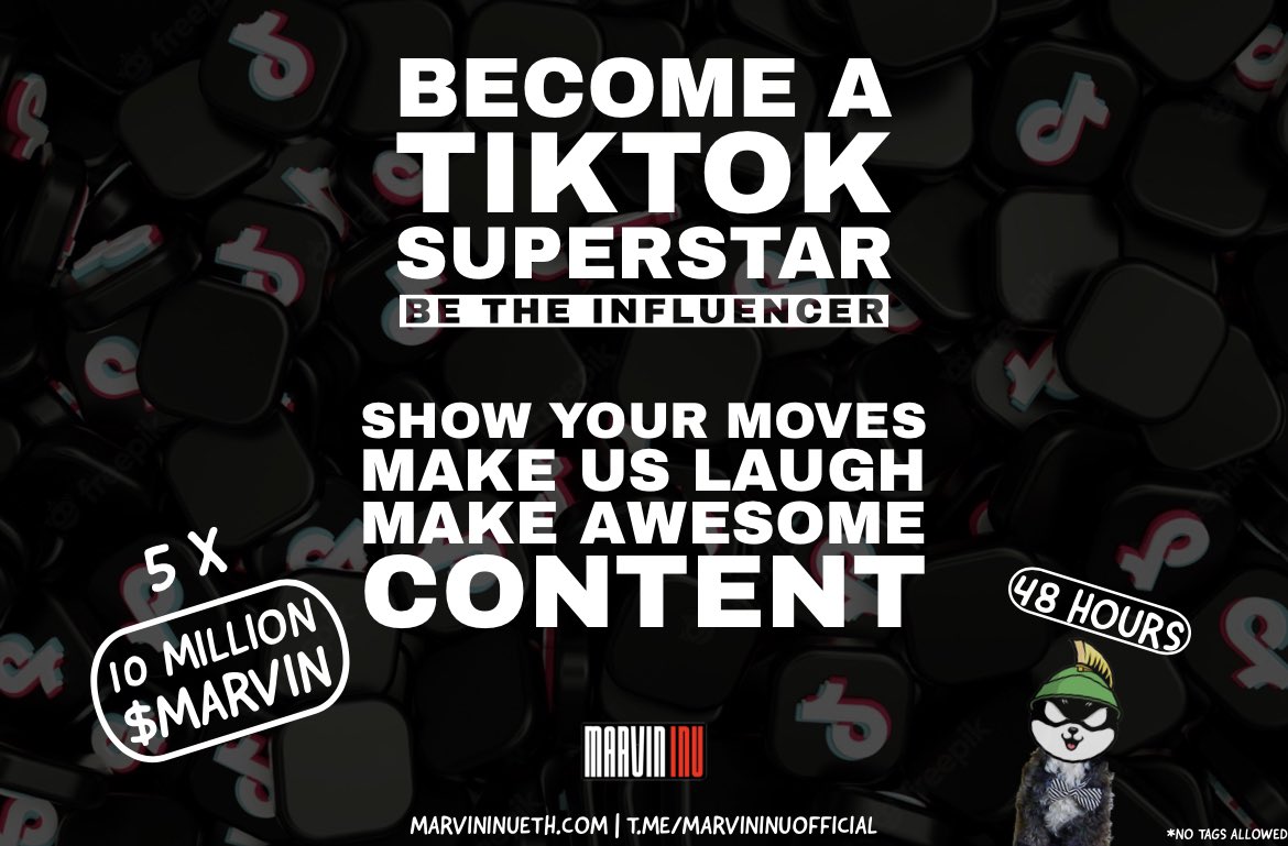 BECOME A #TIKTOK SUPERSTAR! ⭐️ ⏰ 48 Hours - August 9-11 ➡️ 5 x 10 million $MARVIN Info & Rules : t.me/c/1633740913/7… #MarvinInu #Memecoin #elonmusk #altcoins