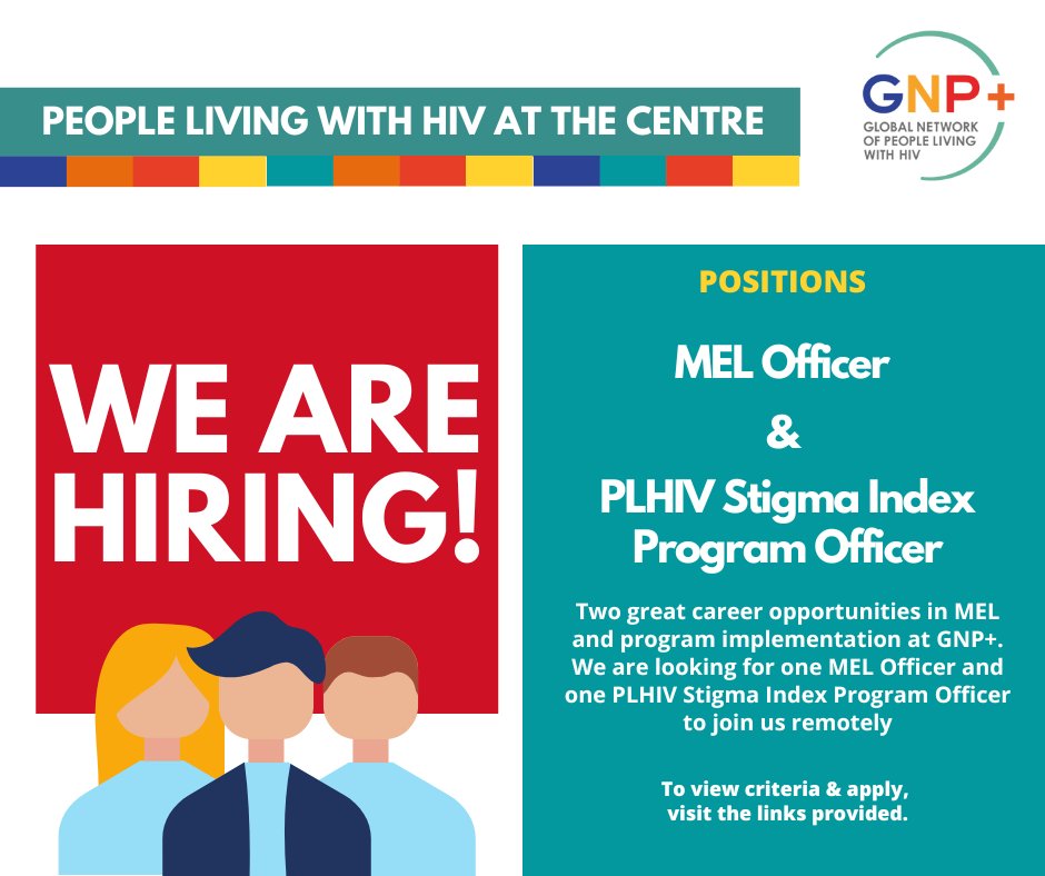 📢APPLY! Two great career opportunities in MEL and program implementation at GNP+. We are looking for one MEL Officer &amp; one PLHIV Stigma Index Program Officer to join us remotely.

 MEL Officer

gnp-plus.jobs.personio.de/job/774149?dis…

 PLHIV Stigma Index Program Officer

gnp-plus.jobs.personio.de/job/774839?dis…