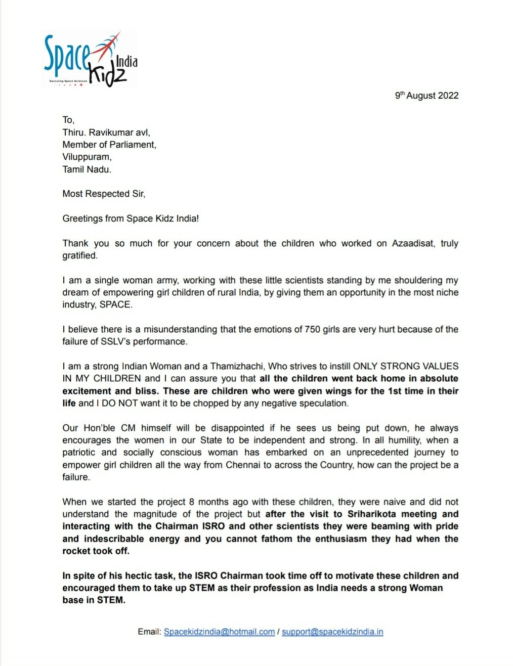 Space Kidz India on Twitter "Letter from Team AzaadiSAT