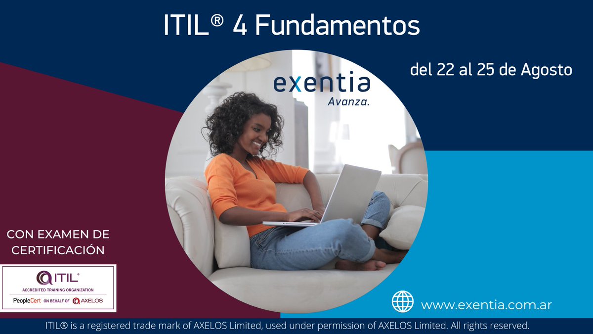 ExentiaArg's tweet photo. Curso Fundamentos #ITIL4 con certificación oficial.
+ info: info@exentia.com.ar
@AXELOS_GBP
@PeopleCert 
@rllombardi https://t.co/q8WDgZMCJf