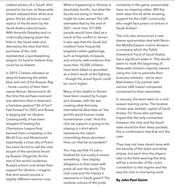 I wrote a piece on the Saudi 3rd kit for a new fanzine, created by Newcastle fans opposed to sportswashing. You can read it here:

issuu.com/danielwillis3/…
