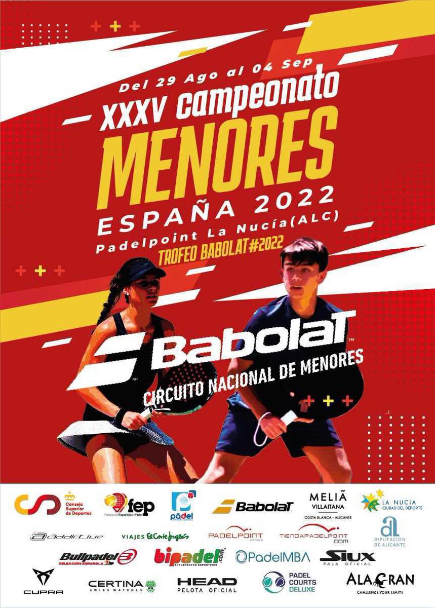 🎾Del 29 de agosto al 4 de septiembre acogeremos en <a href="/LaNuciaES/">La Nucía</a> XXXV Campeonato de España de Menores de #Pádel 2022 (Trofeo Babolat #2022).
✅Las 12 pistas de pádel de cristal del Club <a href="/padelpoint1/">@padelpoint</a> y 2 pistas dentro del Pabellón.
#LaNuciaCiudadDelDeporte
👉🏻 lanucia.es/Actualidad/not…