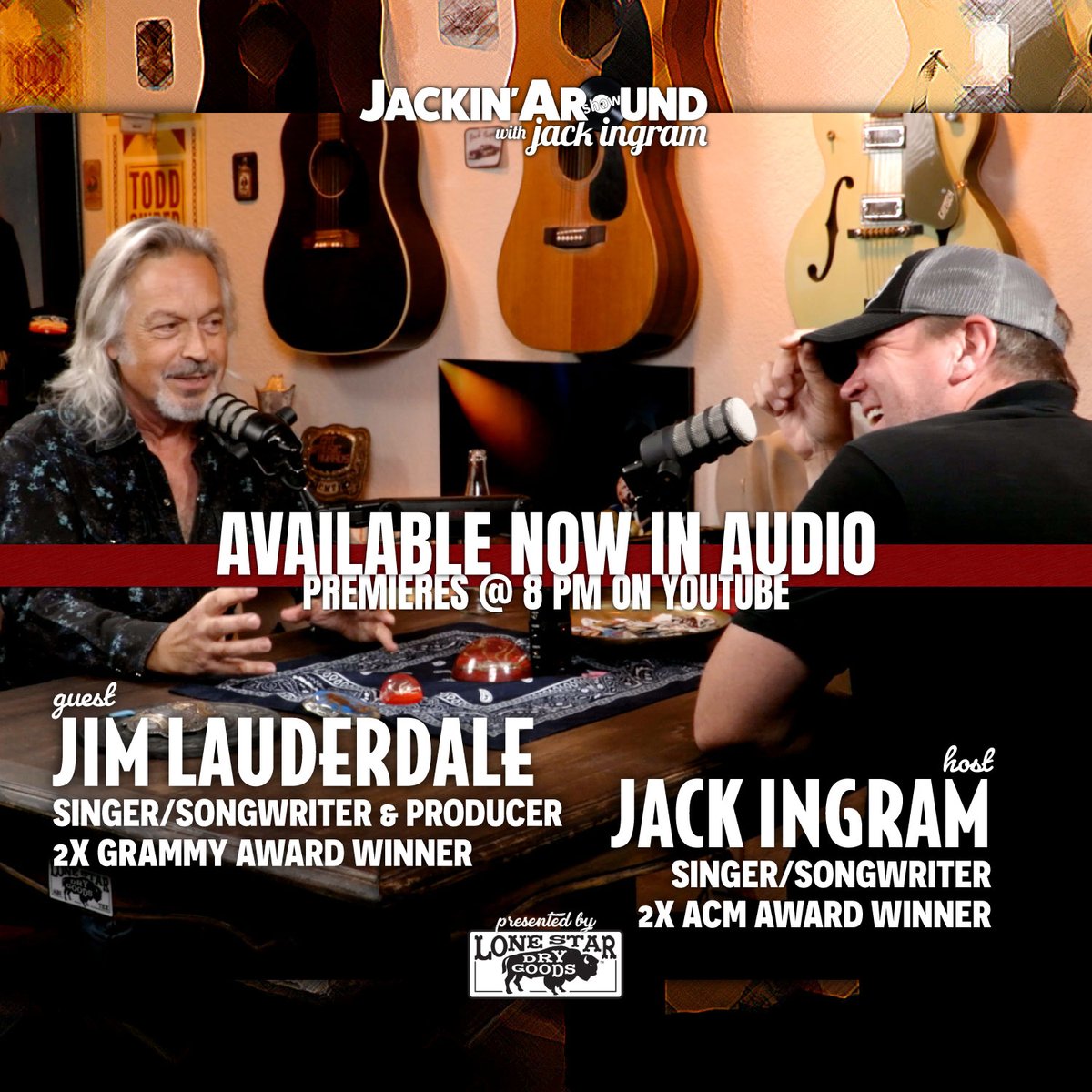 🔴Available now in audio &amp; at 8 PM (CT) in video on YouTube is EP. #27 featuring 2x Grammy <a href="/RecordingAcad/">GRAMMYS</a> Award Winner, <a href="/jimlauderdale/">Jim Lauderdale</a> with your host <a href="/JackIngram/">Jack Ingram</a> 🔴 Access direct audio/video links by visiting or clicking 👉jackinaroundpodcast.com/ep27-jimlauder…. Presented by <a href="/LSDryGoods/">Lone Star Dry Goods</a>!