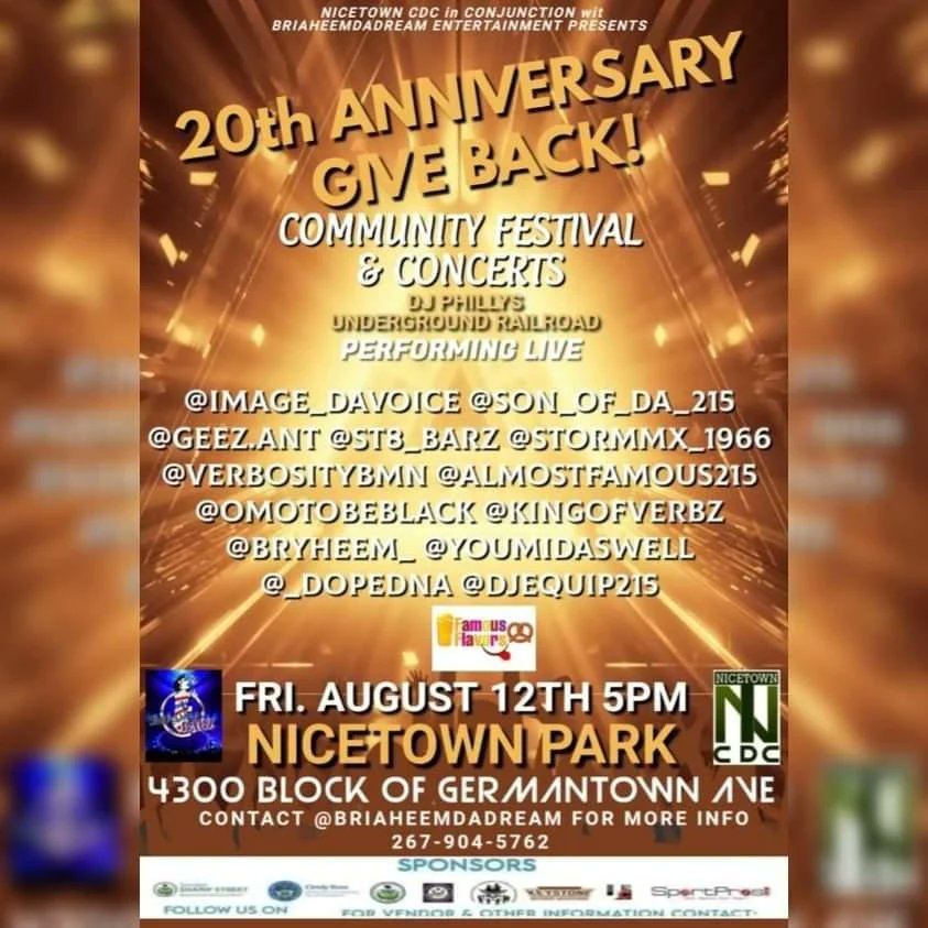 BDadtr's tweet image. This Friday August 12th @nicetowncdc @TheGiveBackFest in conjunction wit @BDadtr presents #20thanniversary
 #nicetowncdcgiveback  #communityfestivals #concerts  #djphillysundergroundrailroad
@DaVoiceOfPhilly
son_of_the_215 @only1antgeez stormmx_1966 @almostfamous215 &amp;amp; more 5-7pm