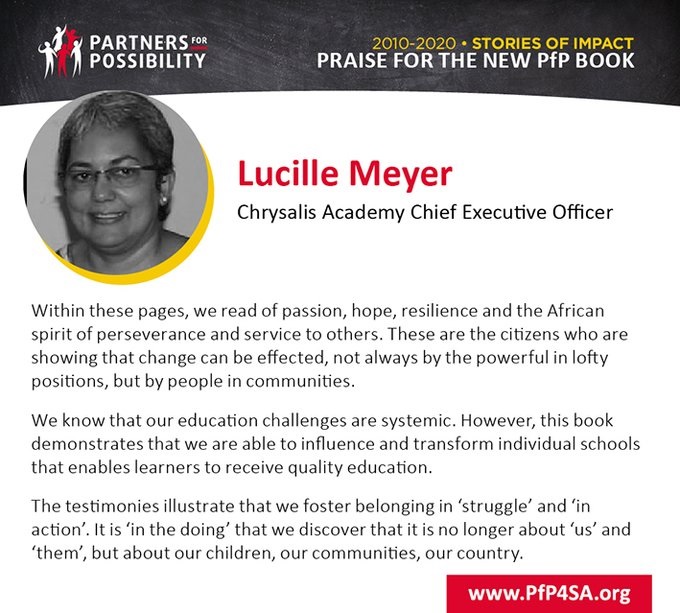 PfP4SA's tweet photo. "Within these pages we read of hope, passion, resilience and the African spirit of perseverance and service to others." Lucille Meyer Chrysalis Academy Chief Executive Officer @lucille_meyer 

#PfPBook https://t.co/BrVEqhvMHH