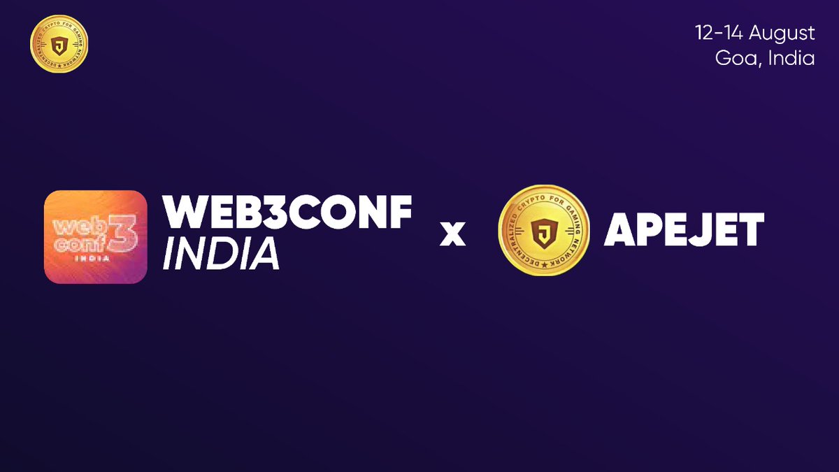 Apejet - Blockchain Gaming (@apejetgames) on Twitter photo We're excited to announce that #apejetgames will participate in Web3Conf India <a href="/web3conf_india/">Web3Conf India</a> as #gamingpartner⚡️
12-14 August, GOA / India
#Web3ConfIndia #Web3 #Web3community #crypto We're excited to announce that #apejetgames will participate in Web3Conf India <a href="/web3conf_india/">Web3Conf India</a> as #gamingpartner⚡️
12-14 August, GOA / India
#Web3ConfIndia #Web3 #Web3community #crypto