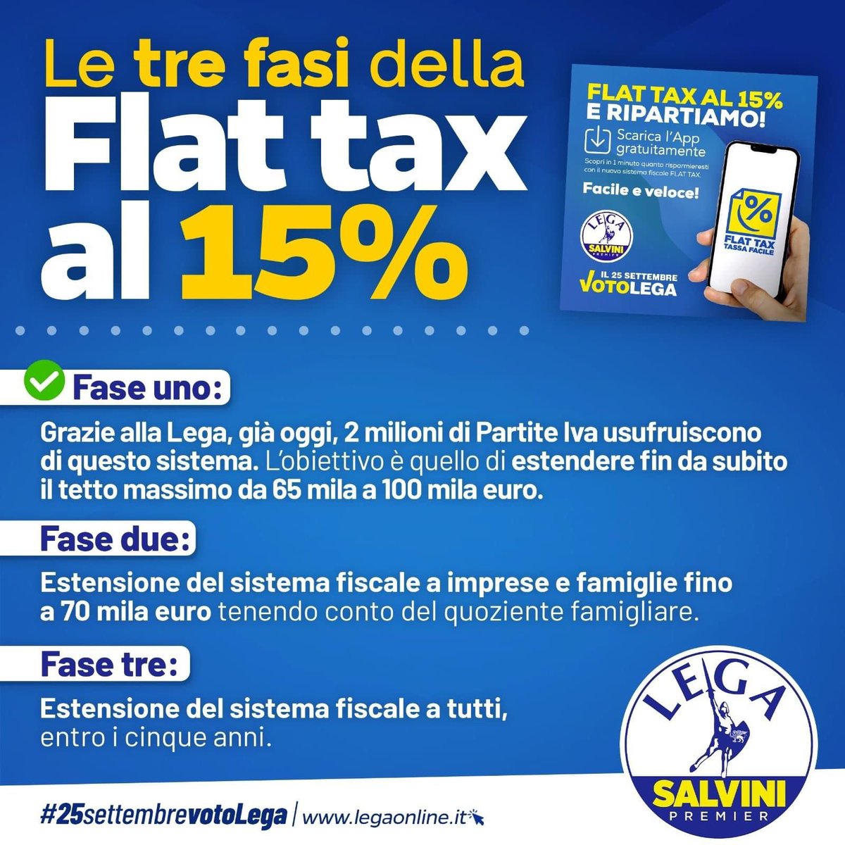 🔵 Ecco le tre fasi della #FlatTax.
Mentre a sinistra si divertono a processare la nostra proposta senza averla mai letta, noi lavoriamo per avere finalmente un sistema fiscale equo e giusto.