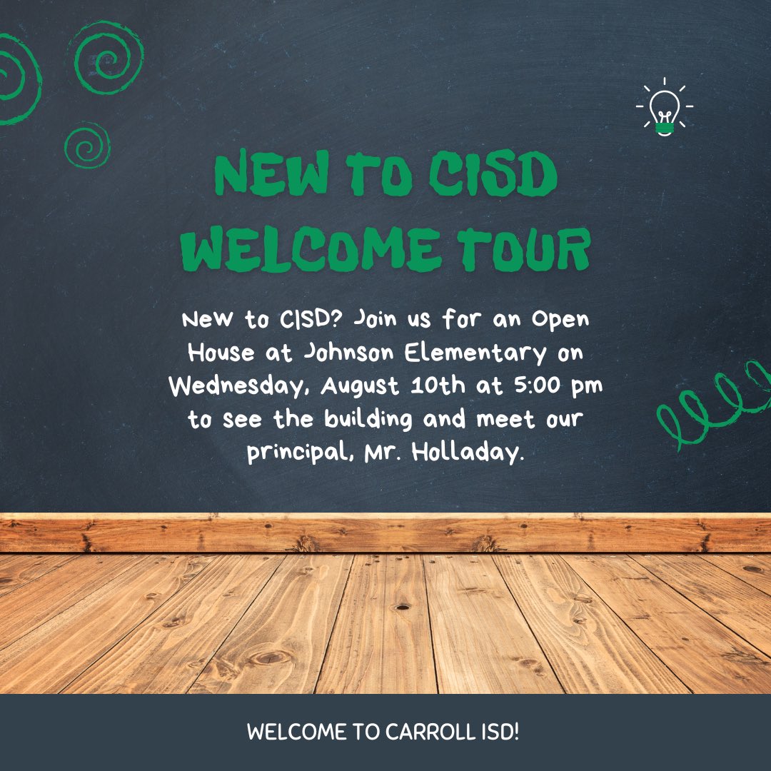 Are you new to Johnson Elementary or didn’t get a chance to join us at Kinder Preview? Join us for a welcome tour this Wednesday, August 10th at 5 pm for an open house and tour with our principal, Mr. Holladay. We can’t wait to meet you! #DragonProud #InspireExcellence #JESfamily